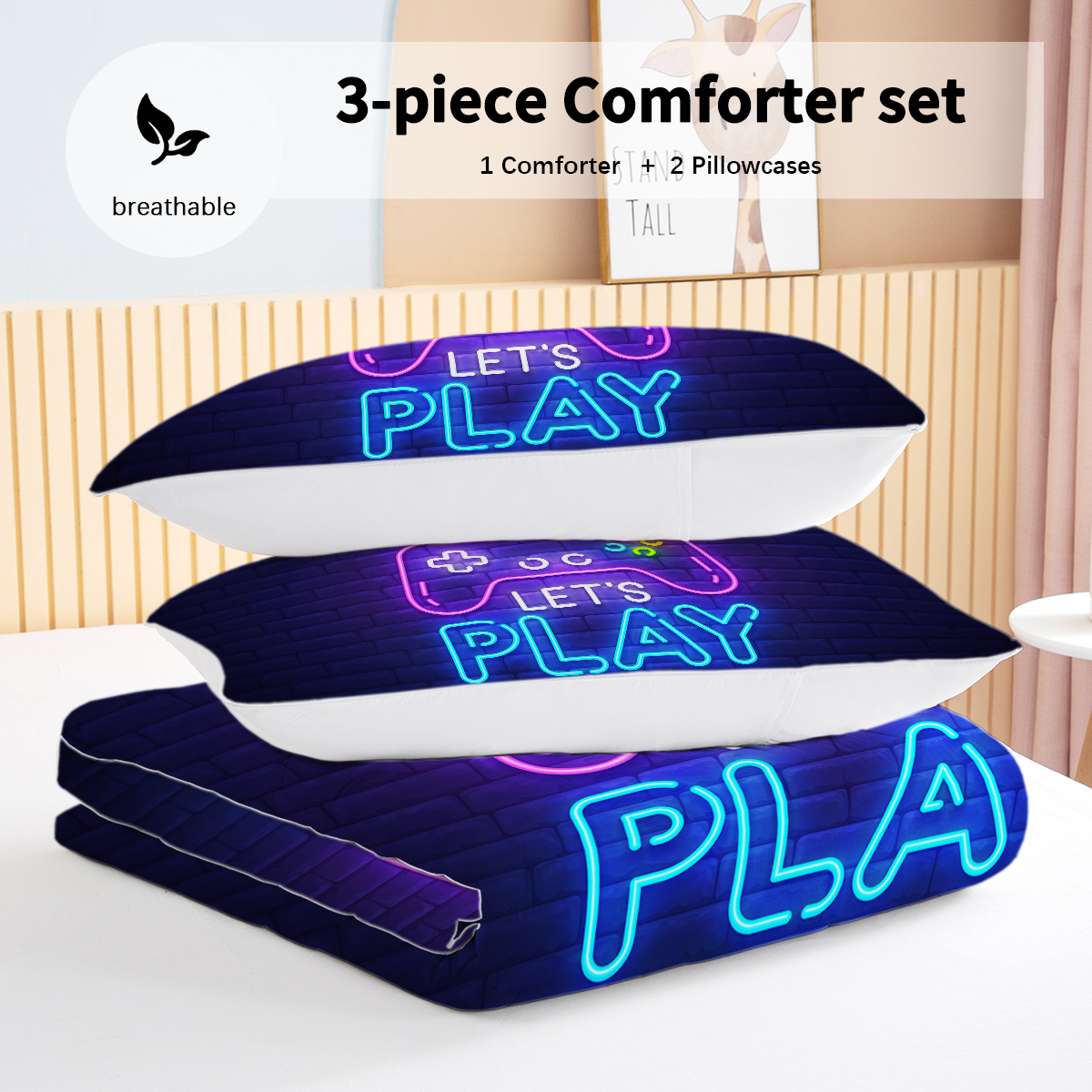 3 Pieces Neon Game Pattern Comforter Set Ultra Soft Bedding Set - Image 5