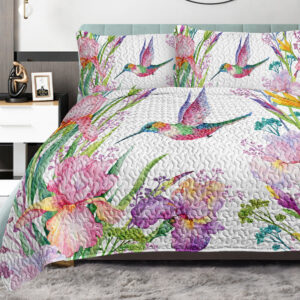 Colorful Bird Flower Design Quilt Set 3 Pieces Queen King Size Soft Warm Bedding Set Include 1 Quilt And 2 Pillowcases For Home Bedroom Decor
