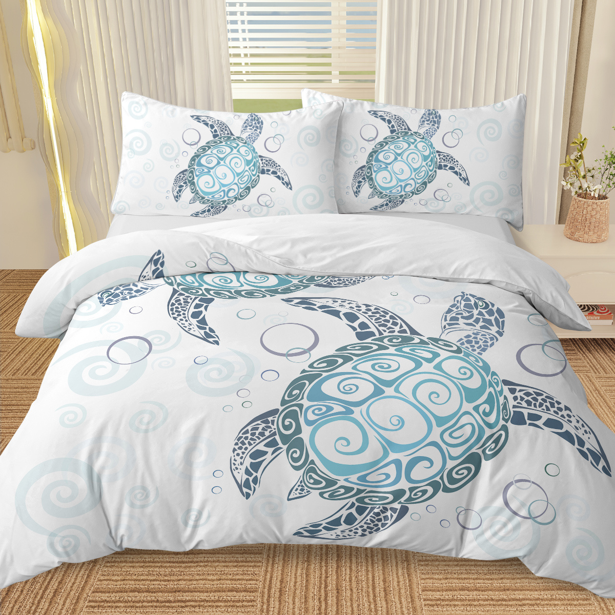 Sea Turtle Bedding Aqua Teal Blue Duvet Cover Sets Beach Turtle Bed Sets Ocean 3 Piece Turtle Themed Comforter Cover With 2 Pillowcases Twin Full Queen King Size - Image 5