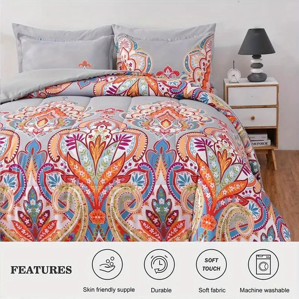 Comforter Set, Boho Pattern, Gray With Rainbow Floral - Image 6