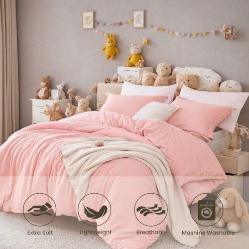 Three-piece Bedding Set With Solid Color Quilt Cover And Pillowcase, Three-piece Bedding Set - Super Soft Microfiber Hotel Series - Brushed Super Soft And Machine Washable, Cute Pink Three-piece Set W