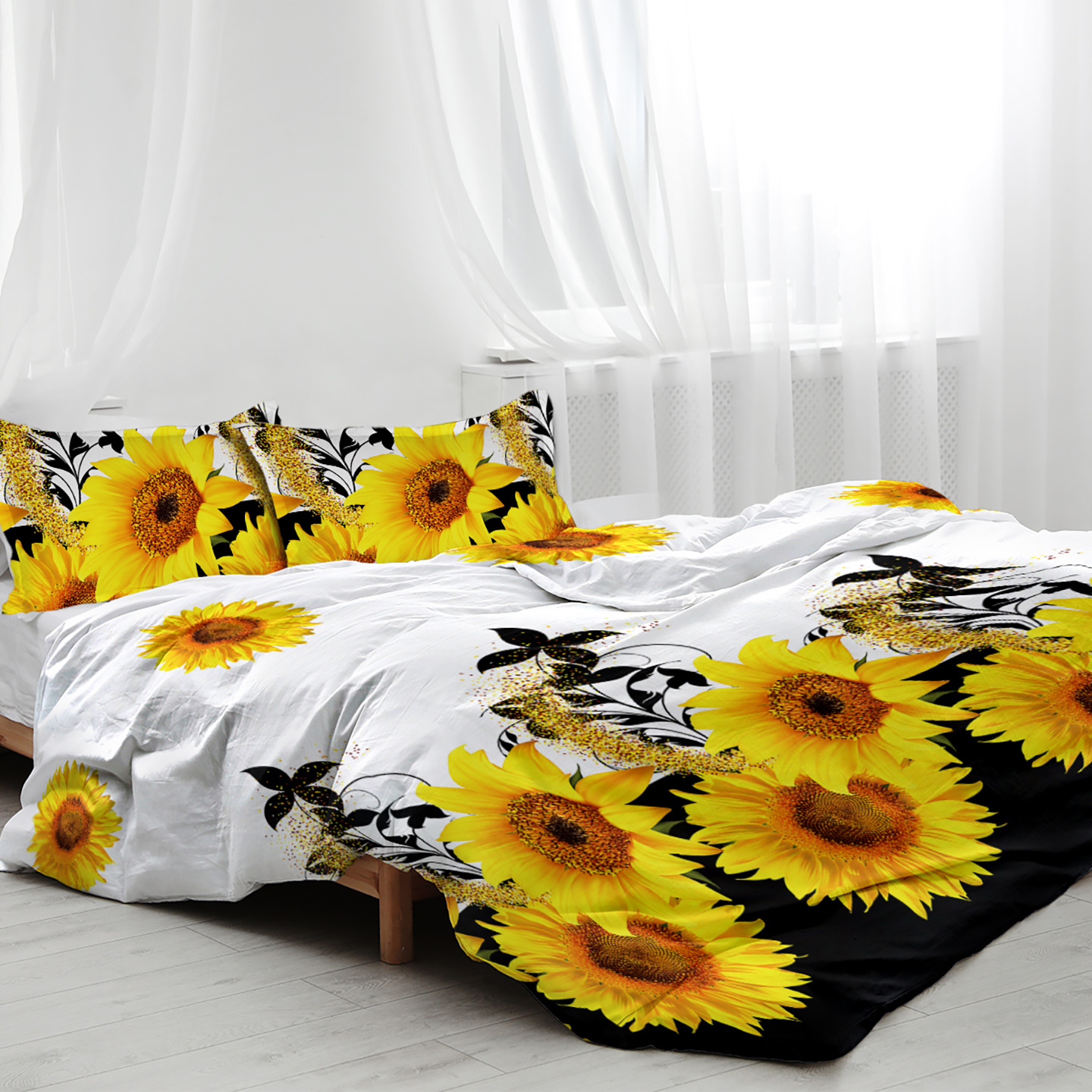 3 Pieces Black And White Background Sunflower Duvet Cover Set Yellow Flower Polyester Bedding Set For Adults Bedroom Decor Twin Full Queen King Size - Image 10