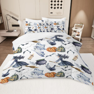 8 Pieces Halloween Comforter Set, Witch Pattern Bed In A Bag Bedding With Comforter Sheet Sham - 1 Comforter, 2 Pillow Shams, 1 Flat Sheet, 1 Fitted Sheet, 1 Cushion Cover, 2 Pillowcases