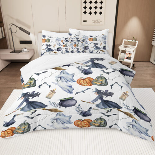8 Pieces Halloween Comforter Set, Witch Pattern Bed In A Bag Bedding With Comforter Sheet Sham - 1 Comforter, 2 Pillow Shams, 1 Flat Sheet, 1 Fitted Sheet, 1 Cushion Cover, 2 Pillowcases