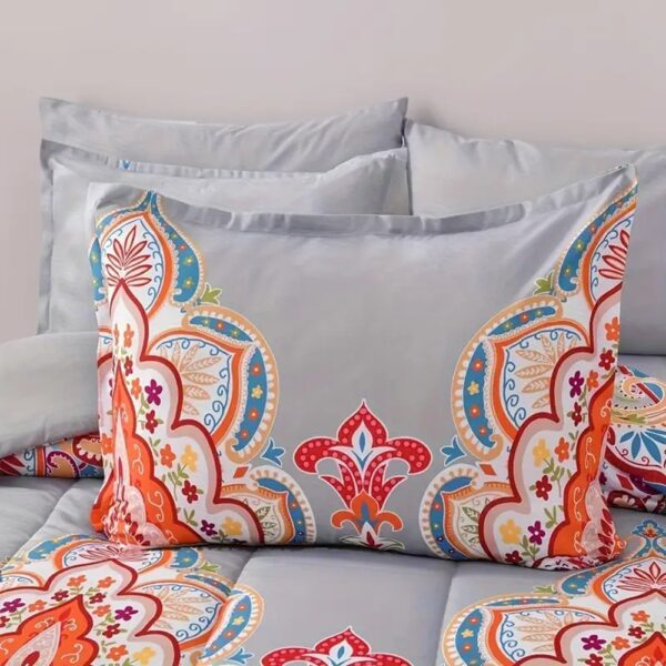 Comforter Set, Boho Pattern, Gray With Rainbow Floral