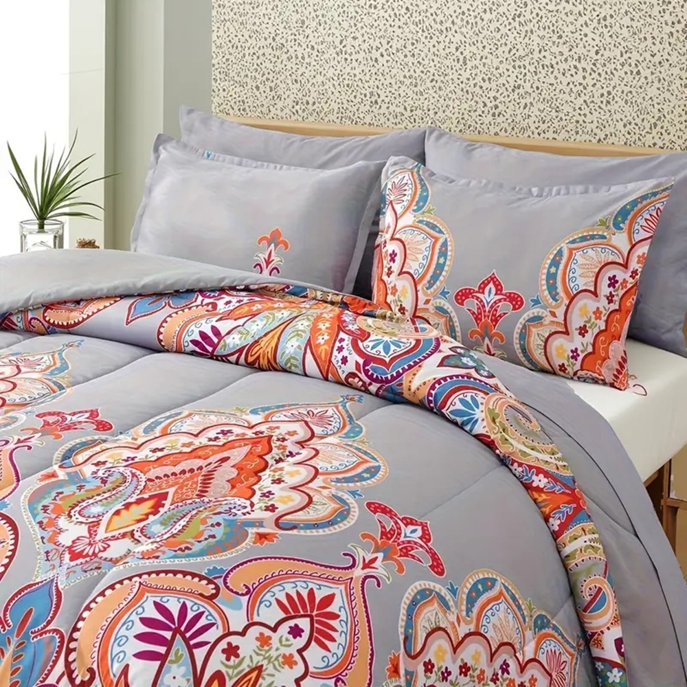 Comforter Set, Boho Pattern, Gray With Rainbow Floral - Image 7