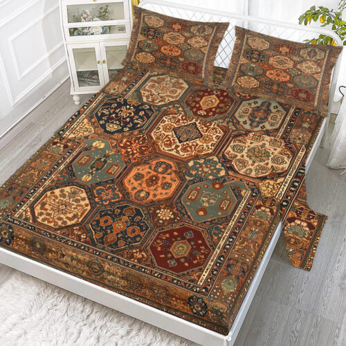 4pcs Retro Bohemian Geometric Style Minimalist Comfort Series Bed 1Fitted Sheet 1 Sheet And Two Pillowcases Bedding For All Seasons Use