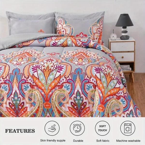 Comforter Set, Boho Pattern, Gray With Rainbow Floral