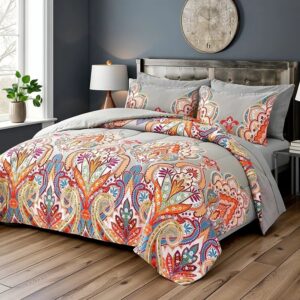 Comforter Set, Boho Pattern, Gray With Rainbow Floral