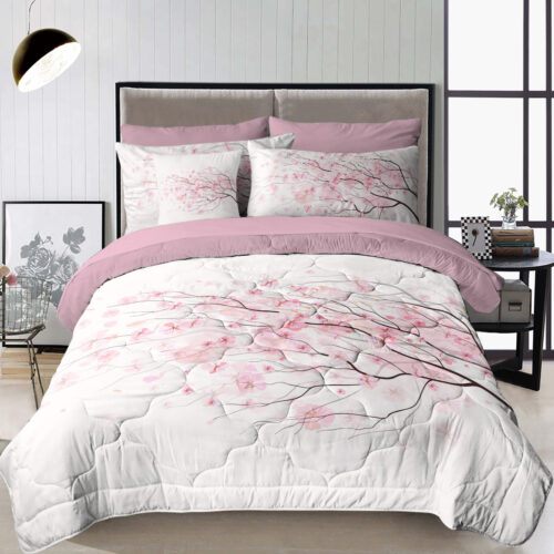 Cherry Blossom Pattern Comforter Set 8PCS Twin Size Soft Bedding Set,1 Comforter,1 Pilow Cover,1 Flat Sheet,1 Fitted Sheet,4 Cushion Cover