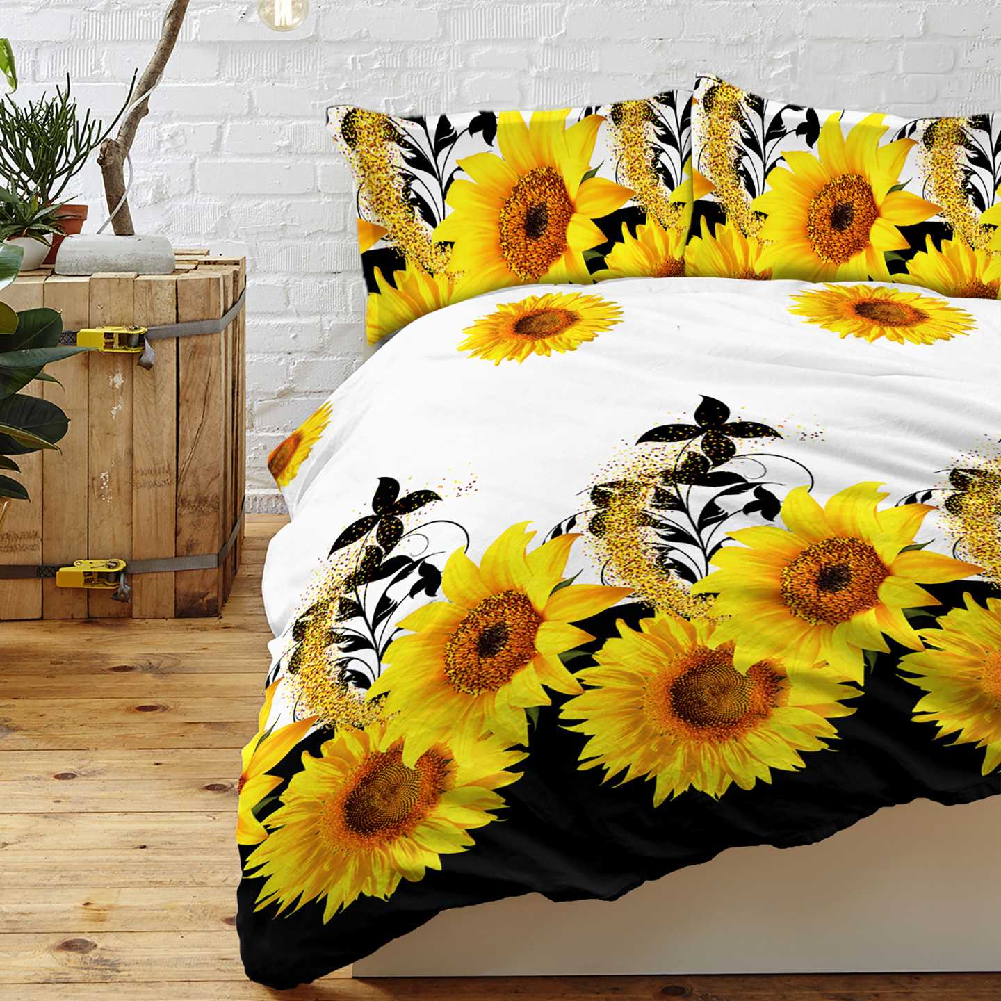 3 Pieces Black And White Background Sunflower Duvet Cover Set Yellow Flower Polyester Bedding Set For Adults Bedroom Decor Twin Full Queen King Size - Image 4