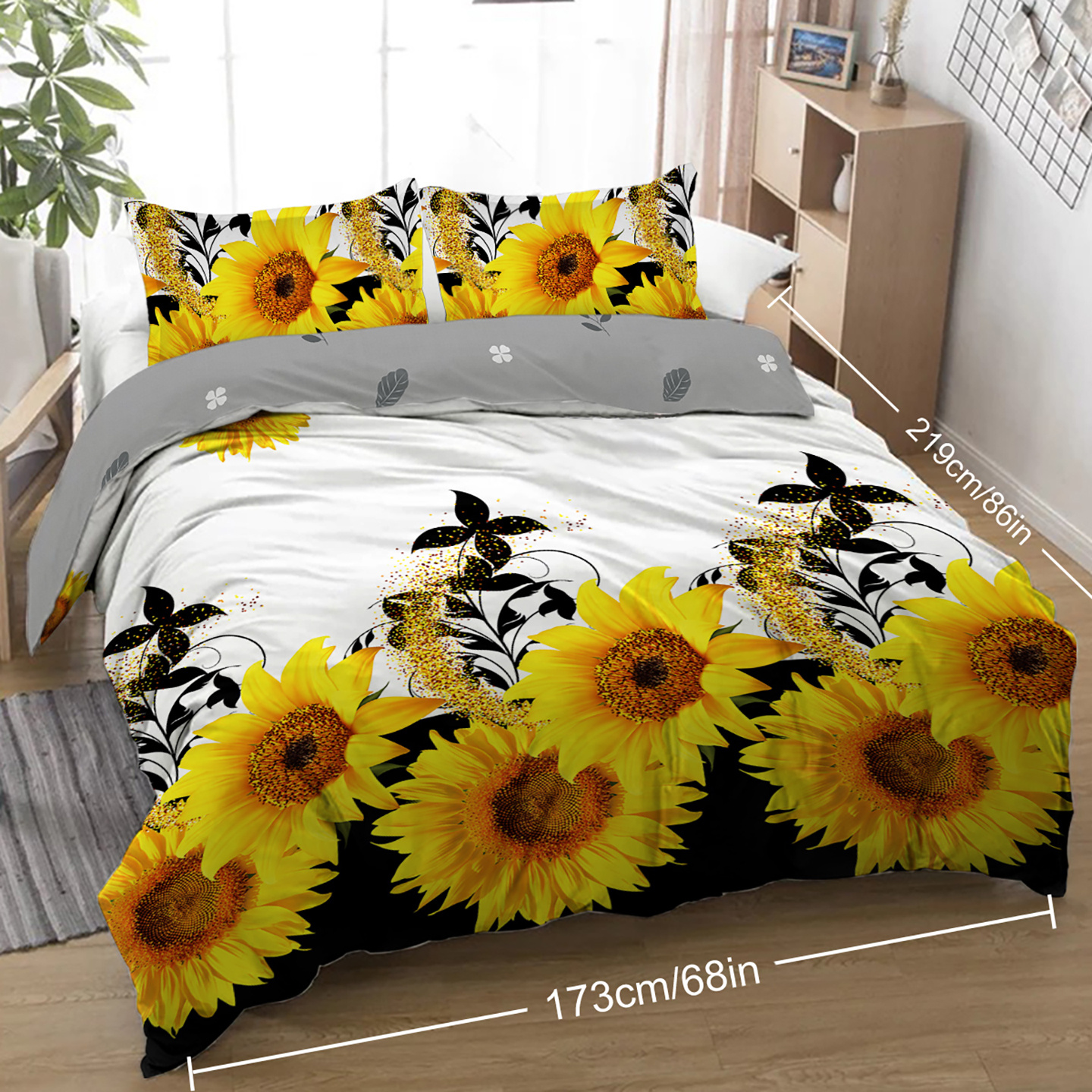 3 Pieces Black And White Background Sunflower Duvet Cover Set Yellow Flower Polyester Bedding Set For Adults Bedroom Decor Twin Full Queen King Size - Image 2
