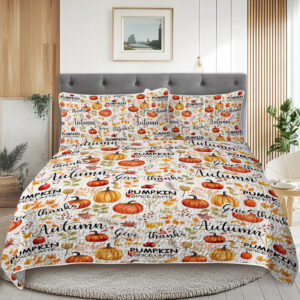 Pumpkin Autumn Leaves Print Quilt Set -1 Quilt, 2 Shams