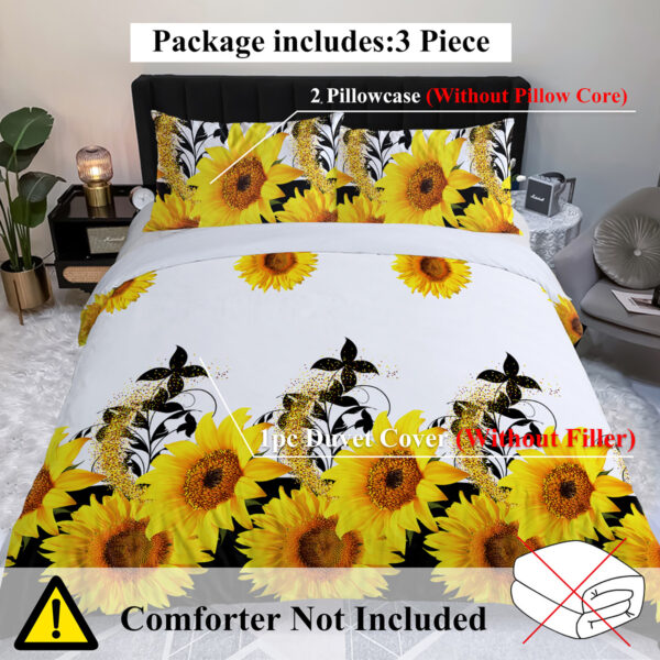 3 Pieces Black And White Background Sunflower Duvet Cover Set Yellow Flower Polyester Bedding Set For Adults Bedroom Decor Twin Full Queen King Size