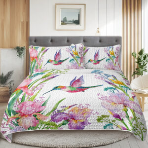 Watercolor Hummingbird Flowers Pattern Quilt Set -1 Quilt, 2 Shams